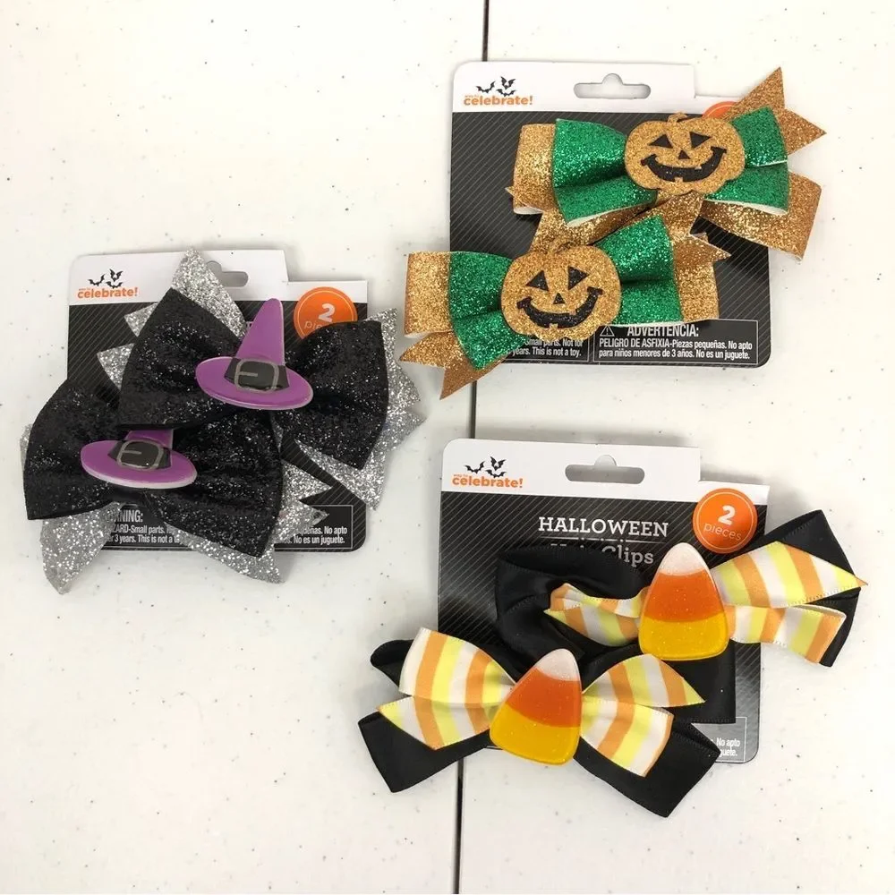 Celebrate Three Sets Girls Halloween Hair Clips Witch Pumpkins Candy Corn New